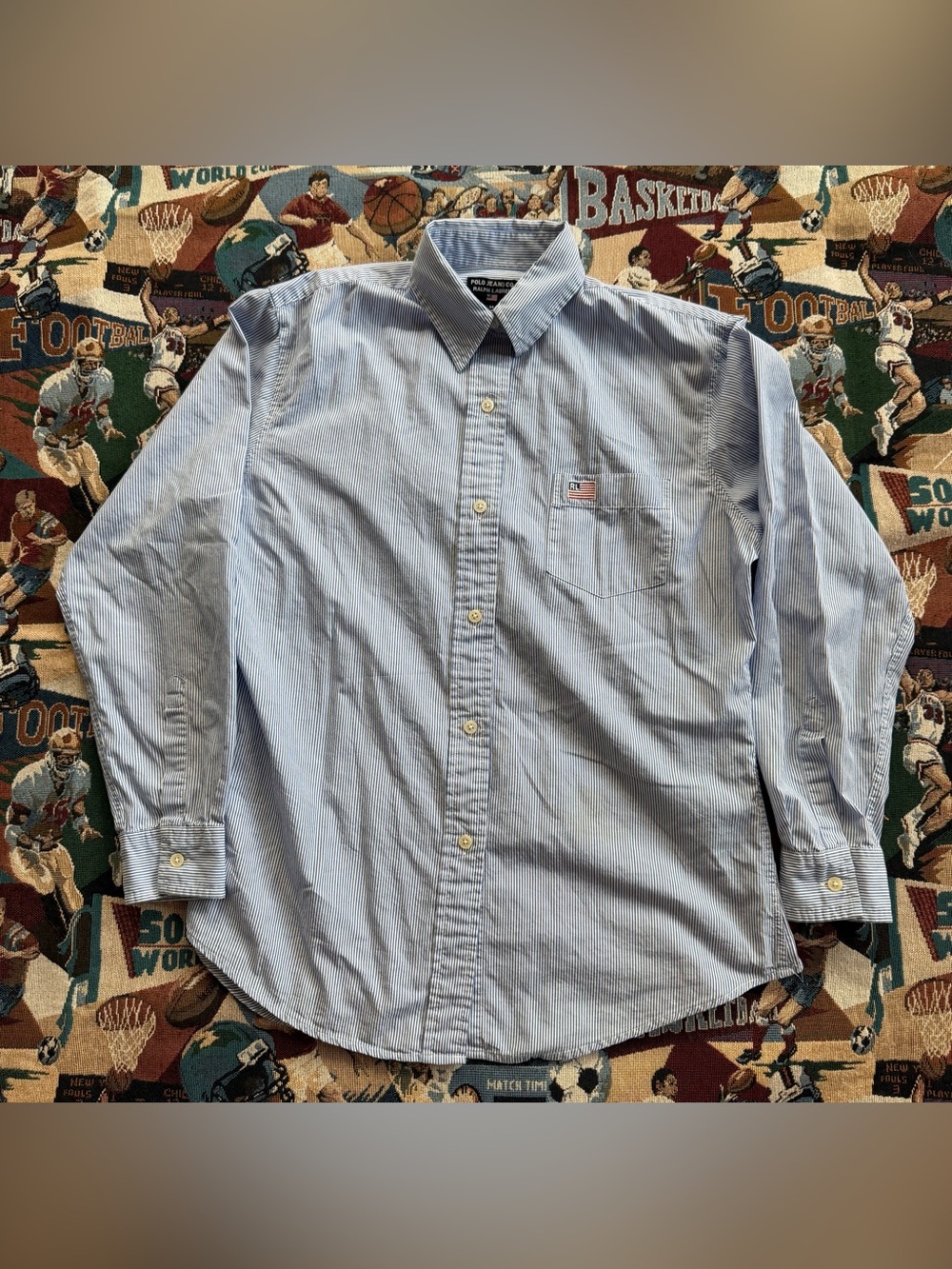 Vintage 90s Women's Polo Jeans Co. Ralph Lauren Blue Striped Button Down Shirt